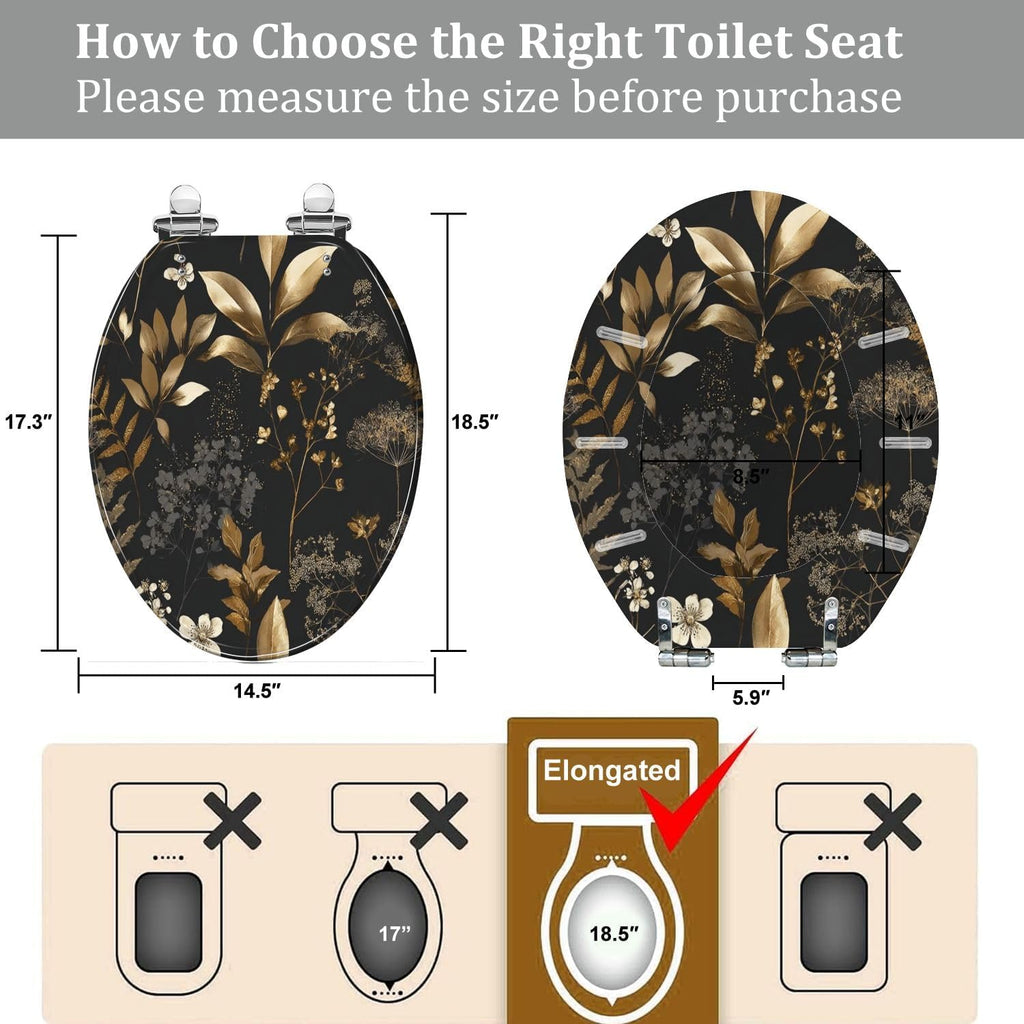 Elongated Toilet Seat Gold Silver Floral Black Leaves Flowers Resin Toilet Seat Quietly Close Quick Release Hinges with Cover Bumpers Decorative Easy to Install Clean