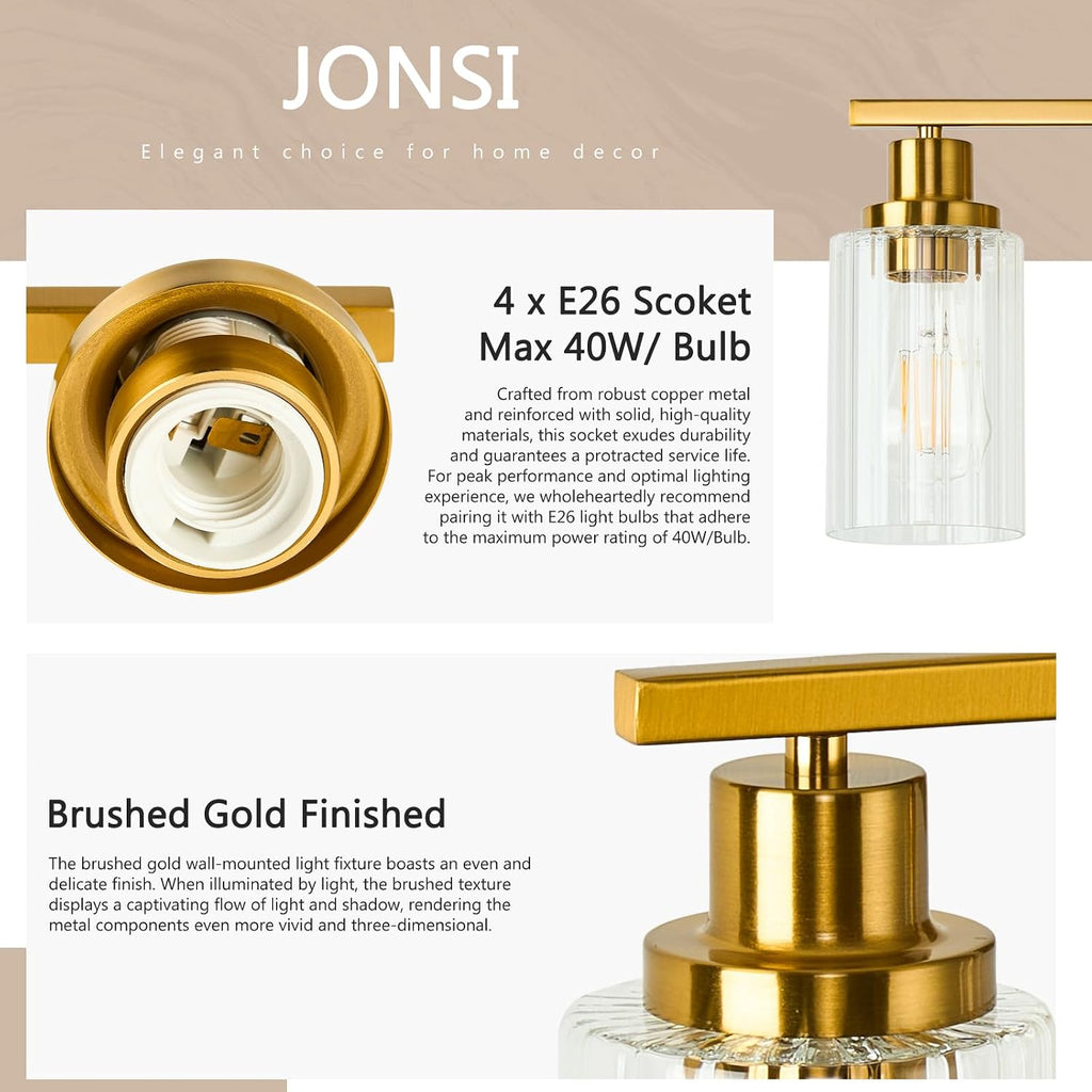 Jonsi Brushed Gold Bathroom Light Fixtures, 4-Light Brushed Gold Vanity Light, Bathroom Vanity Light with Stripe Glass Shade, E26 Wall Sconces Over Mirror for Bathroom, Living Room, Hallway