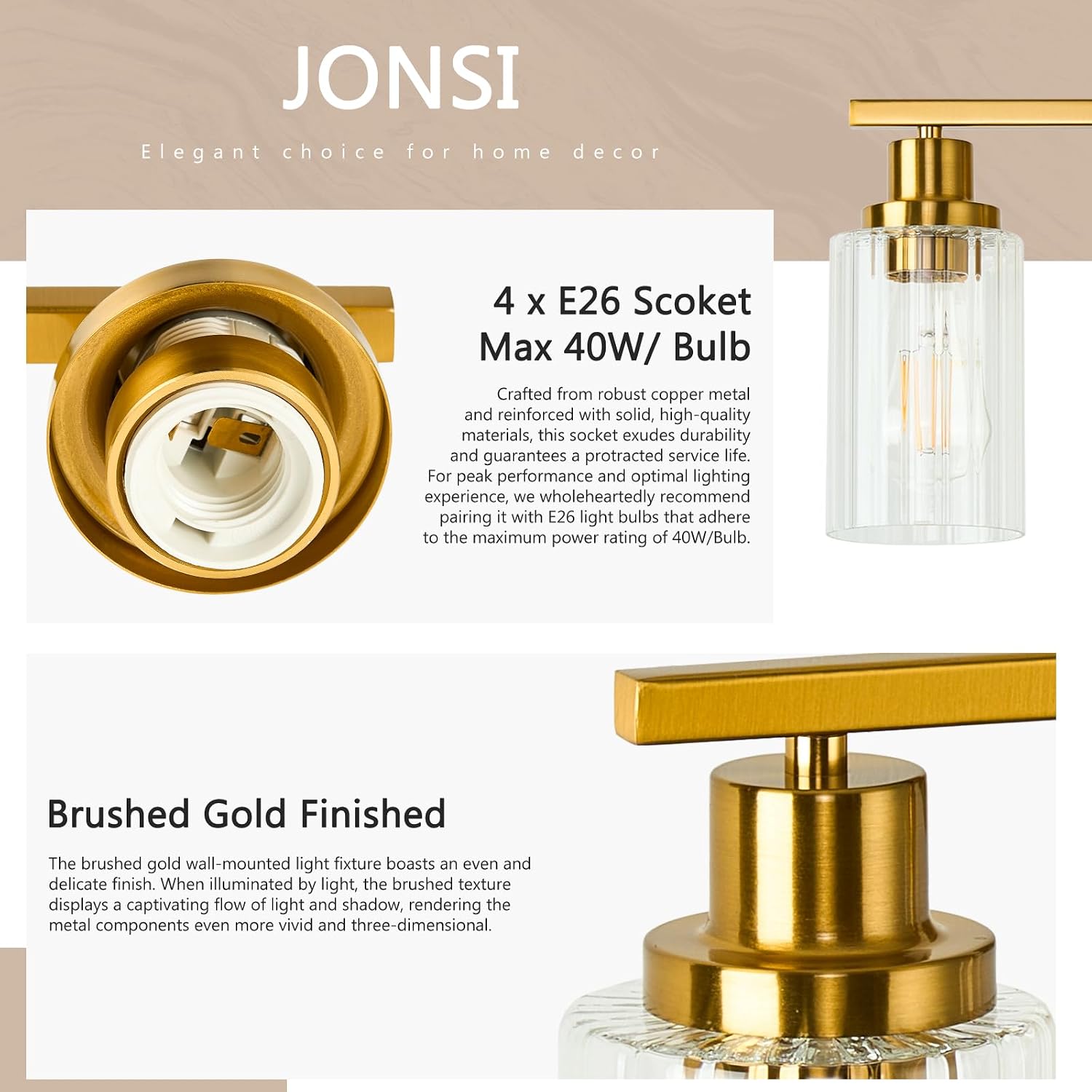 Jonsi Brushed Gold Bathroom Light Fixtures, 4-Light Brushed Gold Vanity Light, Bathroom Vanity Light with Stripe Glass Shade, E26 Wall Sconces Over Mirror for Bathroom, Living Room, Hallway