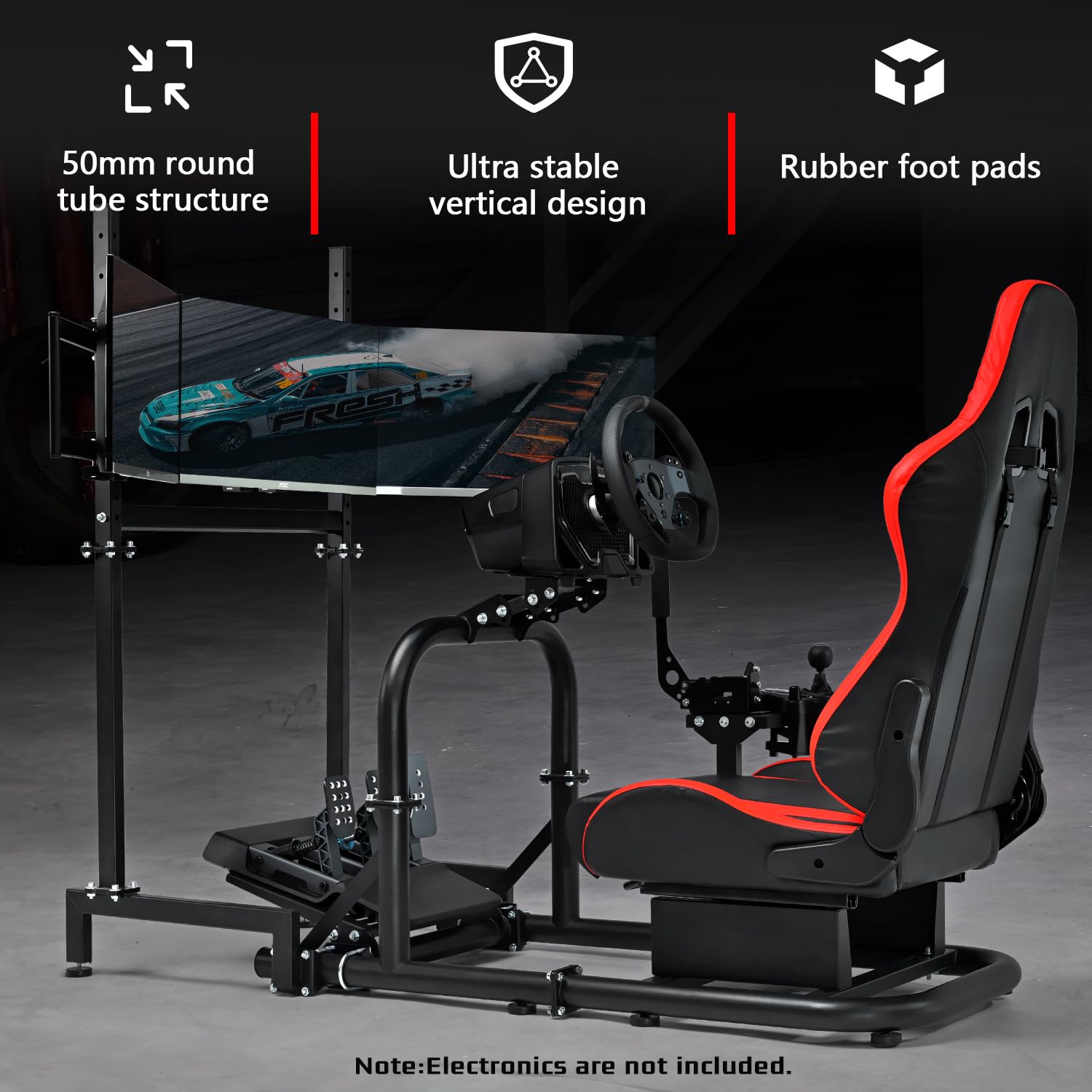 Dardoo Racing Simulator Cockpit Vertical Bracket with Triple Monitor Stand and Red Seat Fit for Logitech G29 G920 G923, for Thrustmaster T300RS CSL-DD, for Fanatec