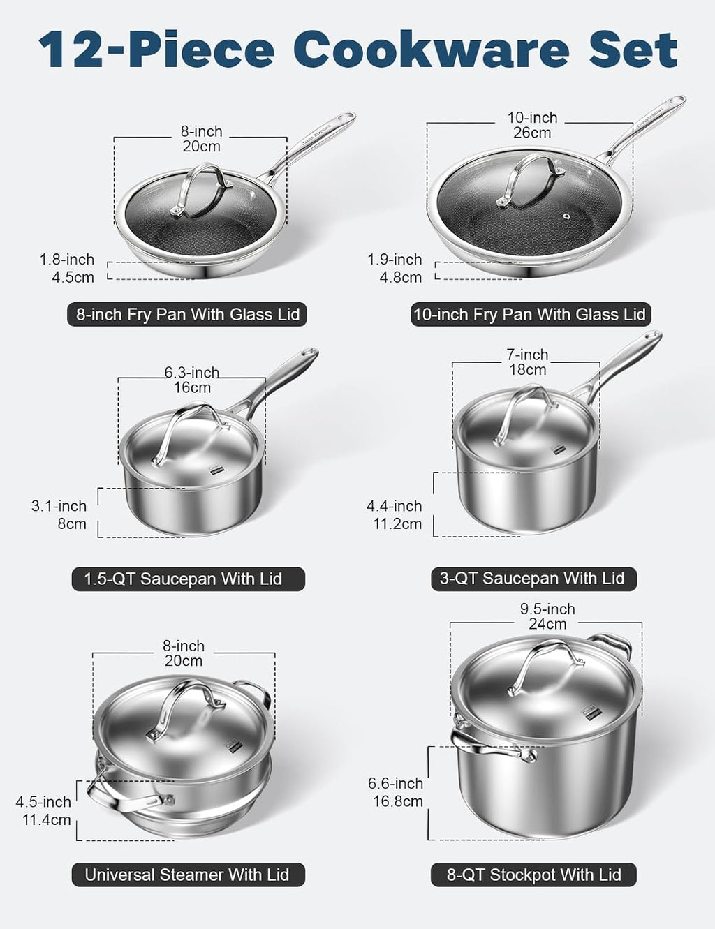 Cooks Standard 12-Piece Multi-Ply Clad Stainless Steel Cookware Set | Includes Nonstick Fry Pan, Saucepan, Steamer & Stockpot with Lid. Aluminum Core for Even Heat. Oven & Dishwasher Safe