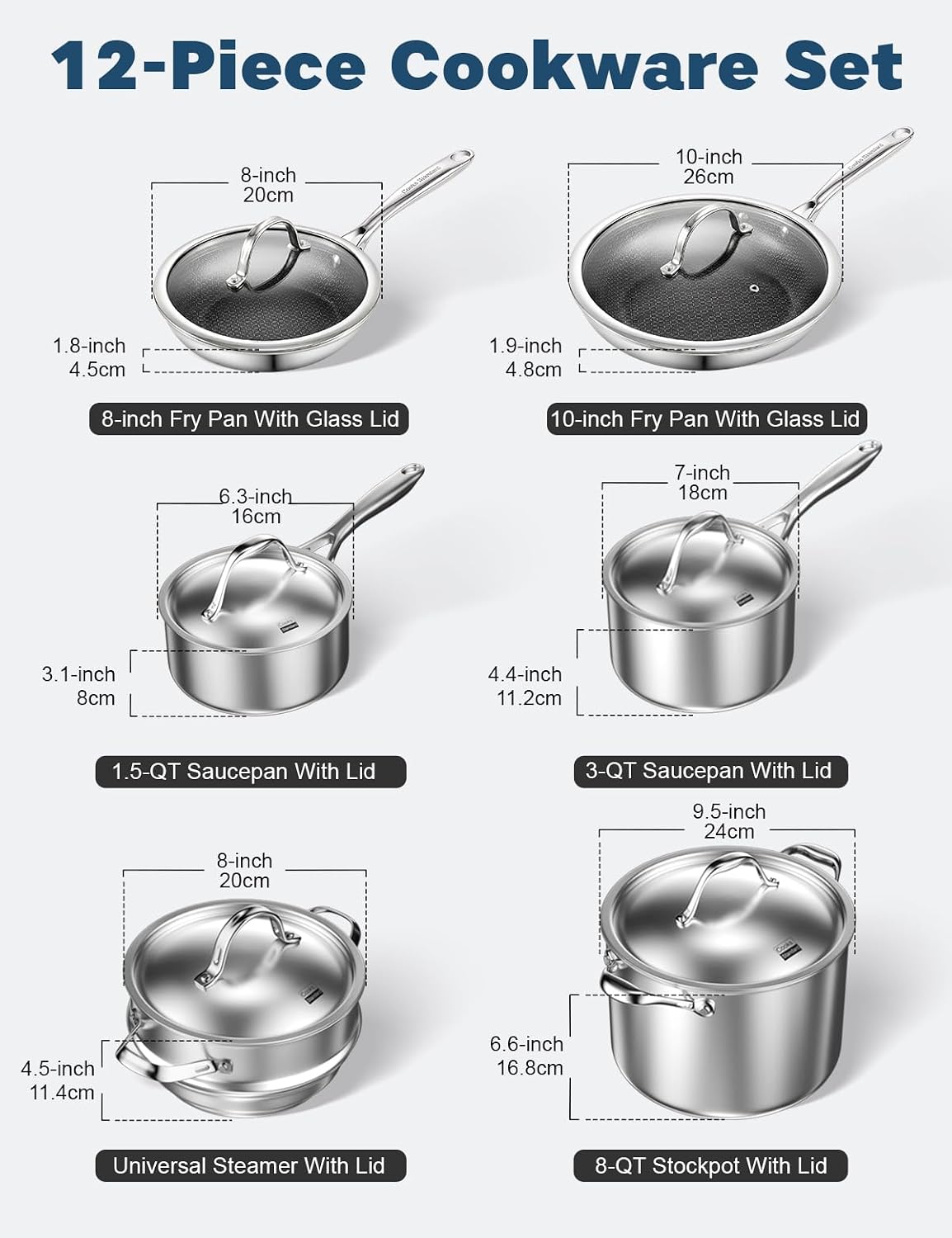 Cooks Standard 12-Piece Multi-Ply Clad Stainless Steel Cookware Set | Includes Nonstick Fry Pan, Saucepan, Steamer & Stockpot with Lid. Aluminum Core for Even Heat. Oven & Dishwasher Safe