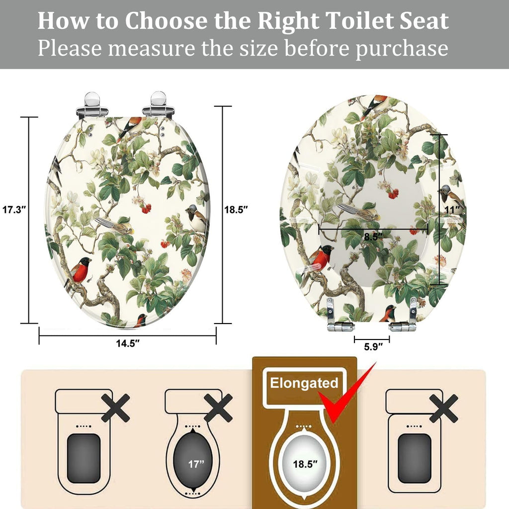 Elongated Toilet Seat Botanical Birds Floral Branches Vibrant Green Leaves Delicate Blooms Resin Toilet Seat Quietly Close Quick Release Hinges with Cover Bumpers Decorative Easy to Install Clean