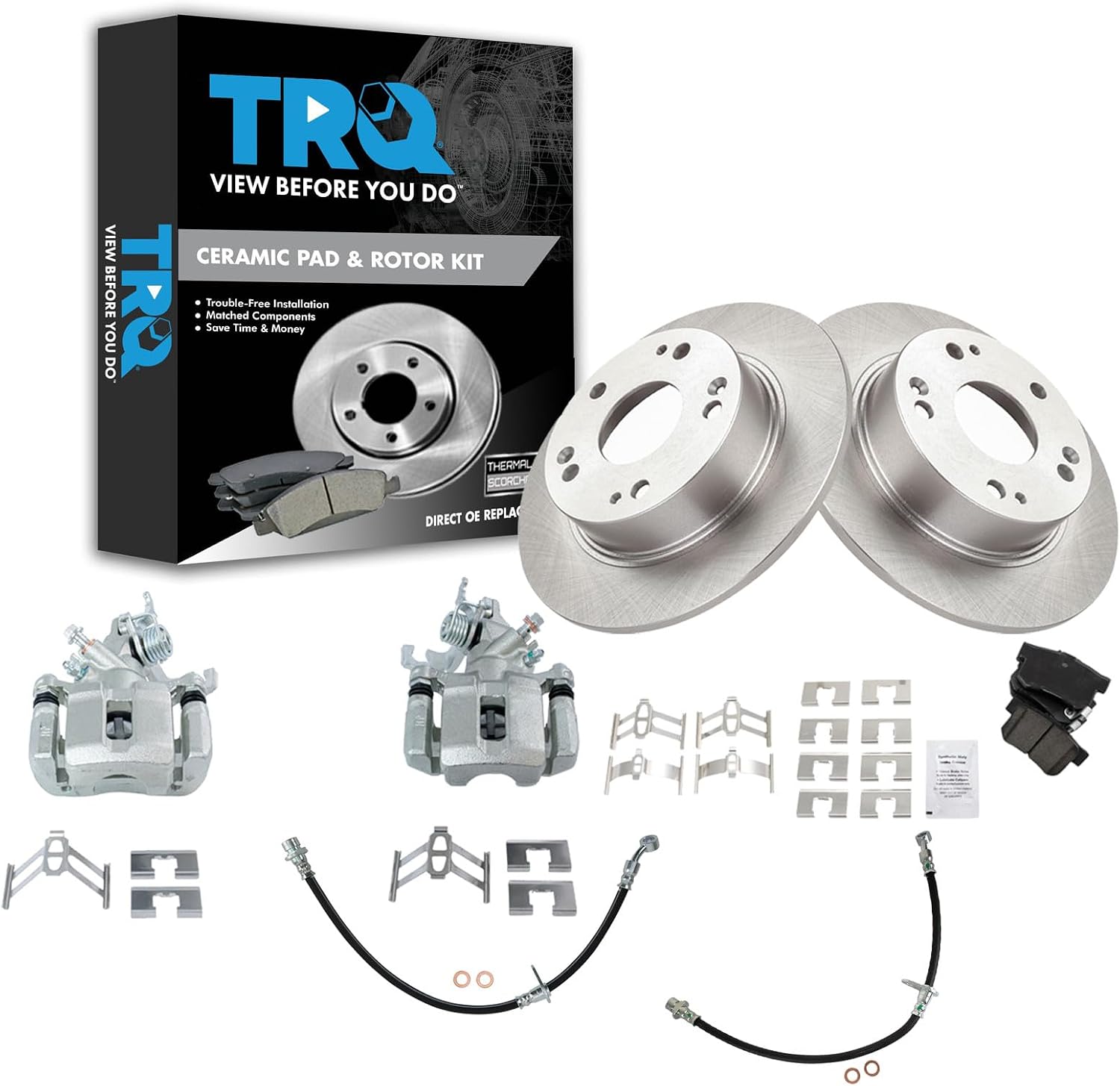 TRQ Rear Brake Pad and Rotor Set Ceramic Rotors Calipers Hoses Compatible with 2003-2007 Honda Accord