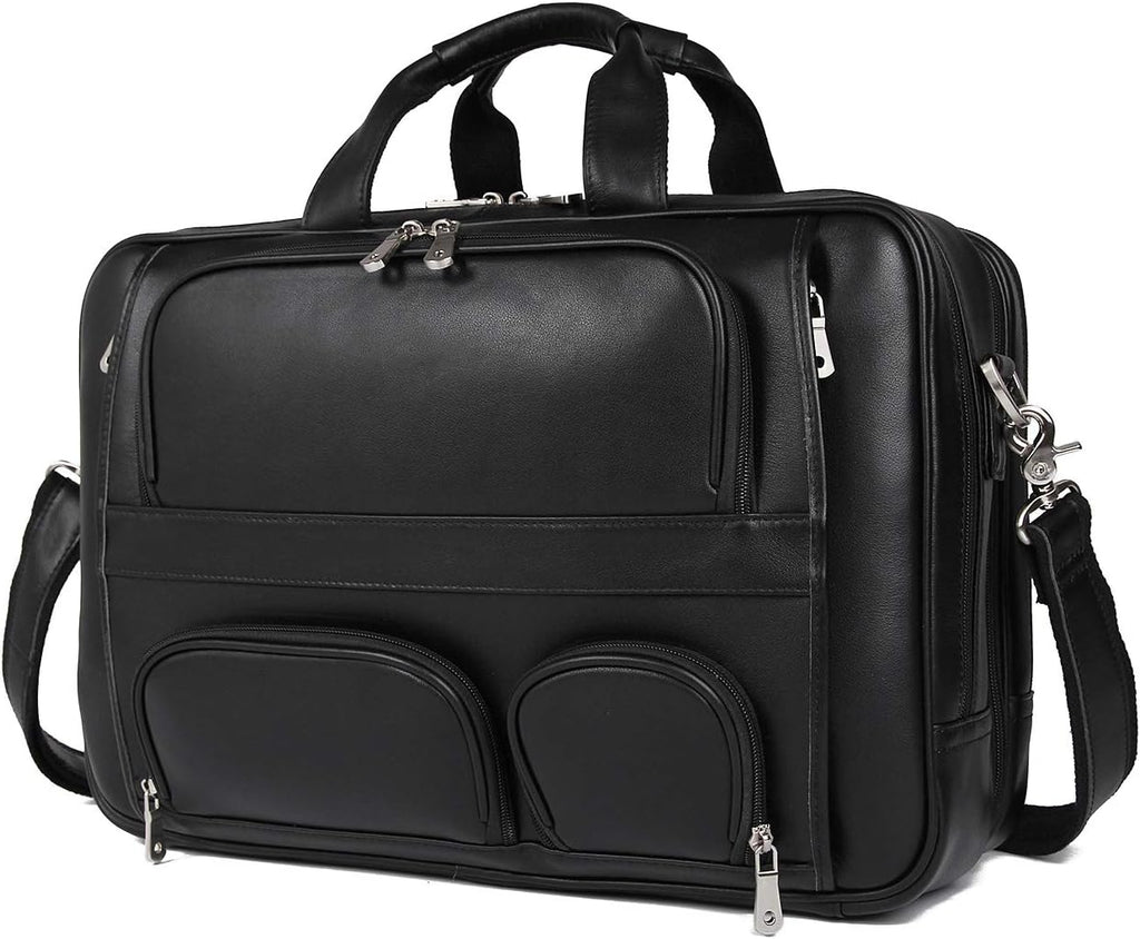Top Cowhide Leather briefcase for men,17.3 Inch Messenger Bag Laptop Briefcase with YKK Metal Zippers Fit Business Trip