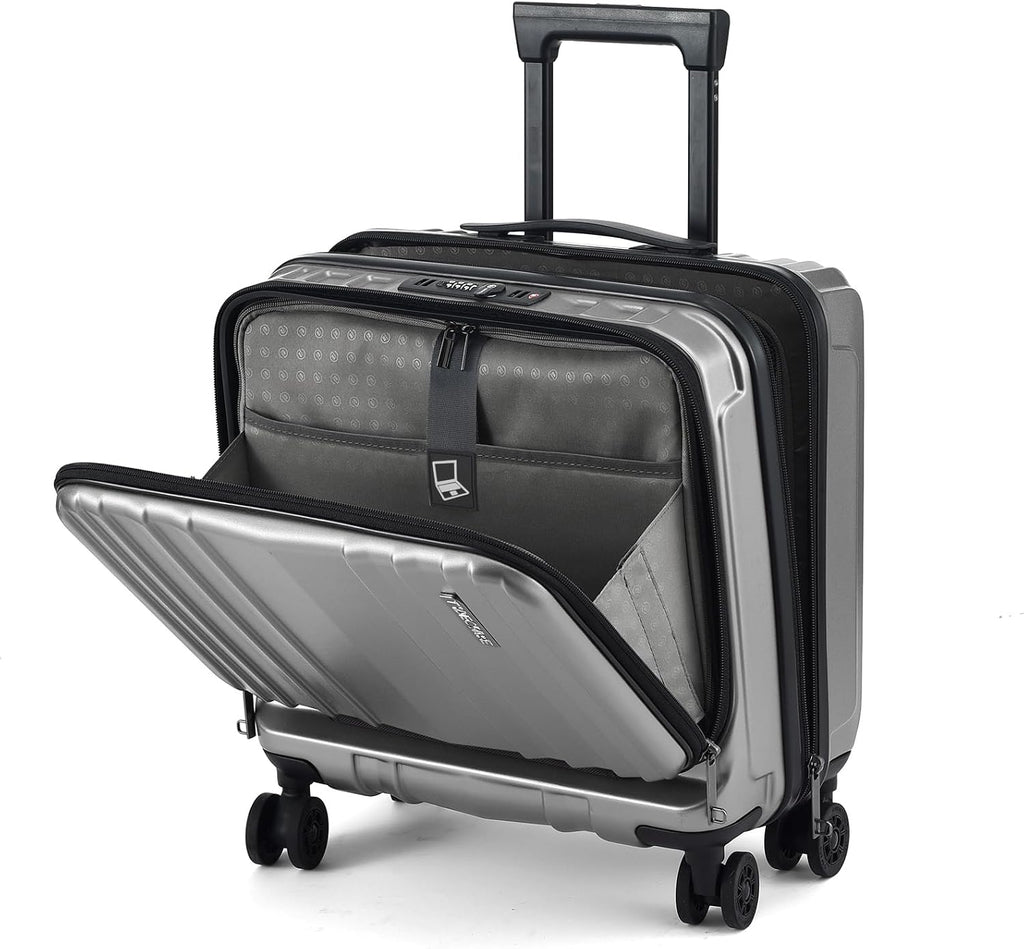 TydeCkare 16' Carry on Luggage with 2 Laptop Compartments, Lightweight Hardshell ABS+PC Suitcase with Dual Control TSA Lock, with YKK Zipper, 4 Spinner Silent Wheels, for Business Travel, Silver Grey