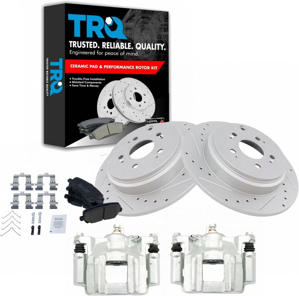 TRQ Performance Rear Brake Pad and Rotor Set Ceramic Solid Rotors Calipers Compatible with 2009-2015 Honda Pilot