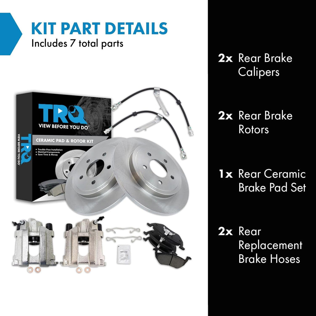 TRQ Rear Brake Pad and Rotor Set Ceramic Rotors Calipers Hoses Compatible with 2005-2007 Ford Escape Mercury Mariner 2005-2006 Mazda Tribute