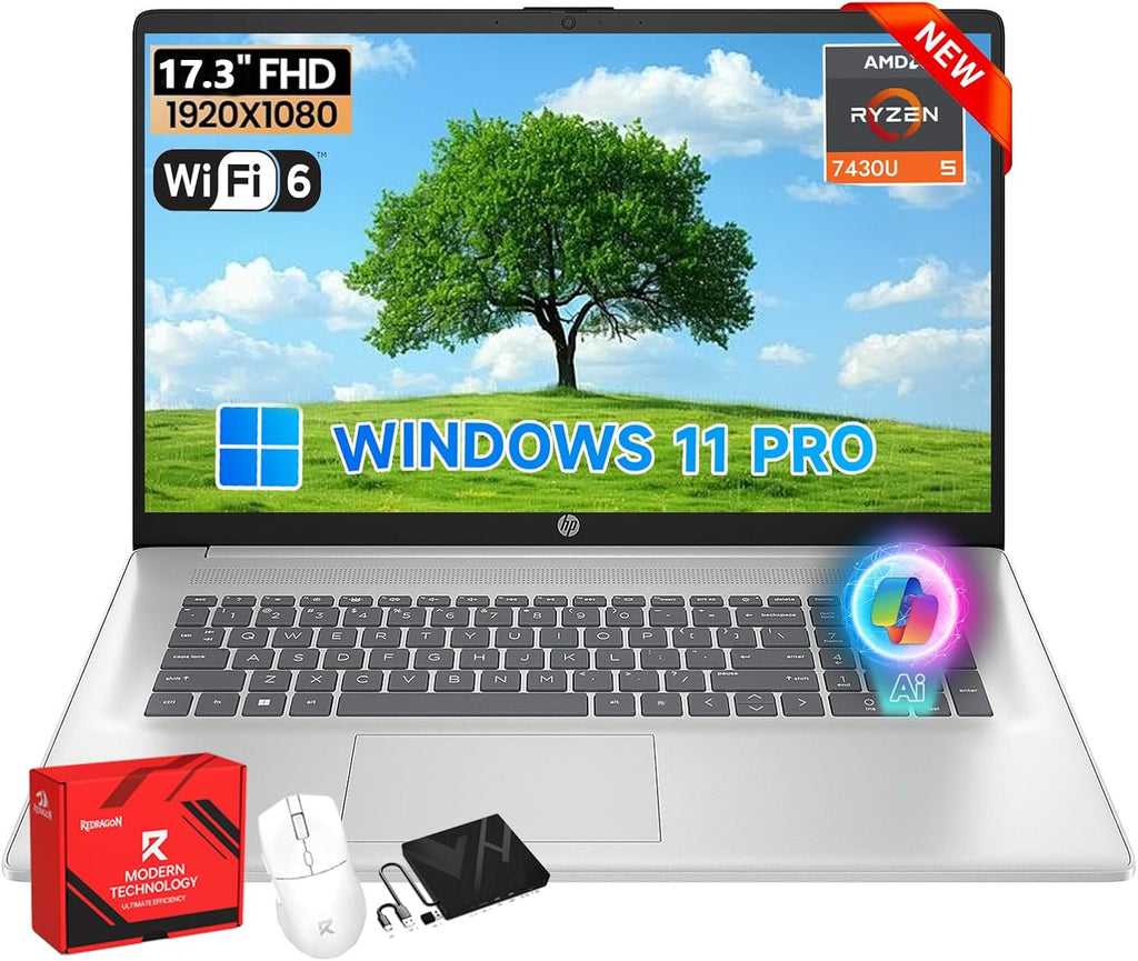 HP 17 inch FHD Student Business Laptop, AMD Ryzen 5 7430U, 32GB RAM 1TB SSD, Windows 11 Pro, 17.3' FHD IPS, Copilot AI, Numeric Keyboard, Type-c, w/Accessories