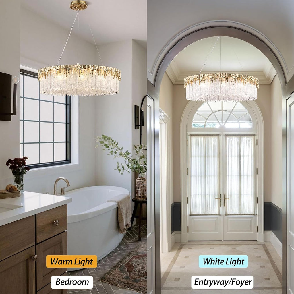 D23.6 Round Crystal Chandelier, Modern Gold Crystal Chandeliers for Dining Room, 10-Light Height Adjustable Chandelier for Living Room Bedroom Entryway Kitchen Island