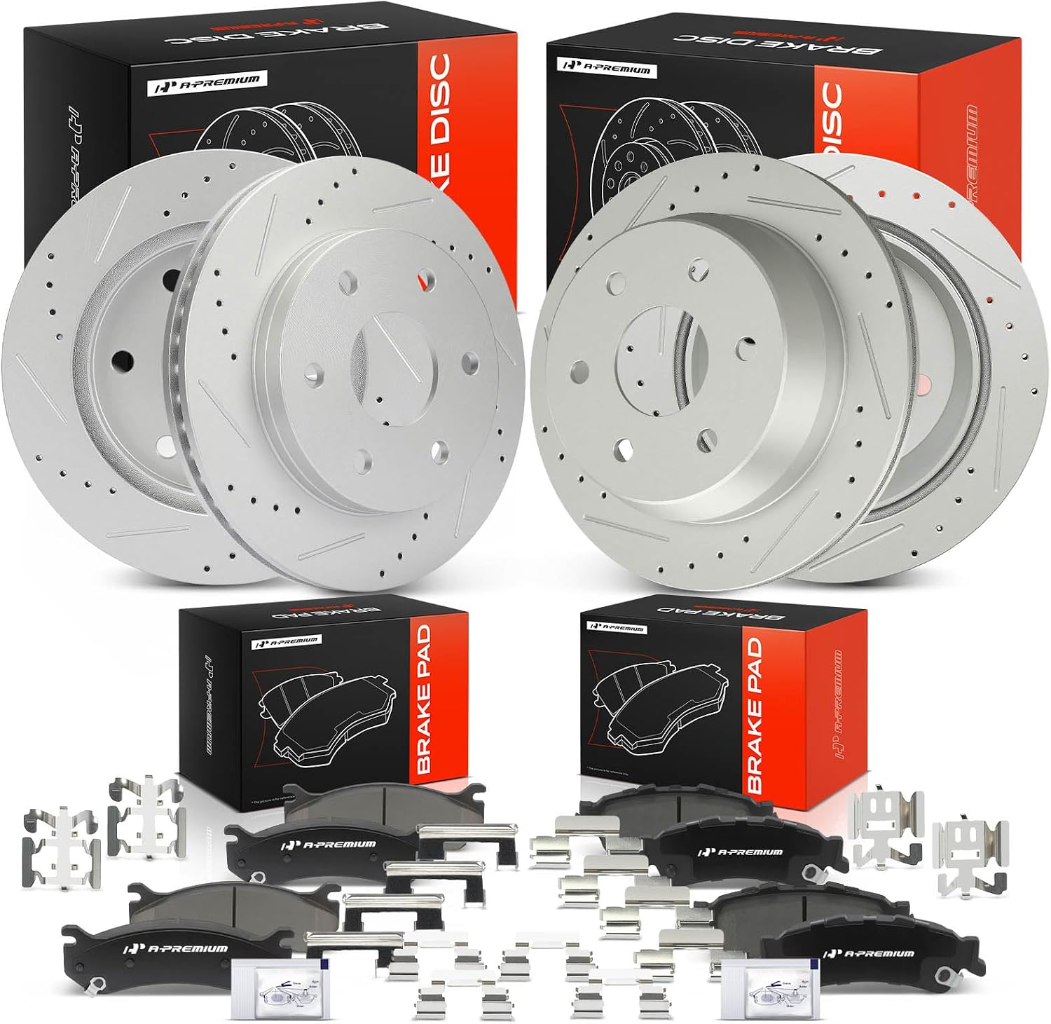 A-Premium Front & Rear Drilled and Slotted Disc Brake Rotors + Ceramic Pads Kit Compatible with Select Chevrolet and GMC Models - Tahoe, Silverado 1500, Sierra 1500, Yukon, Astro, Safari, 12-PC Set