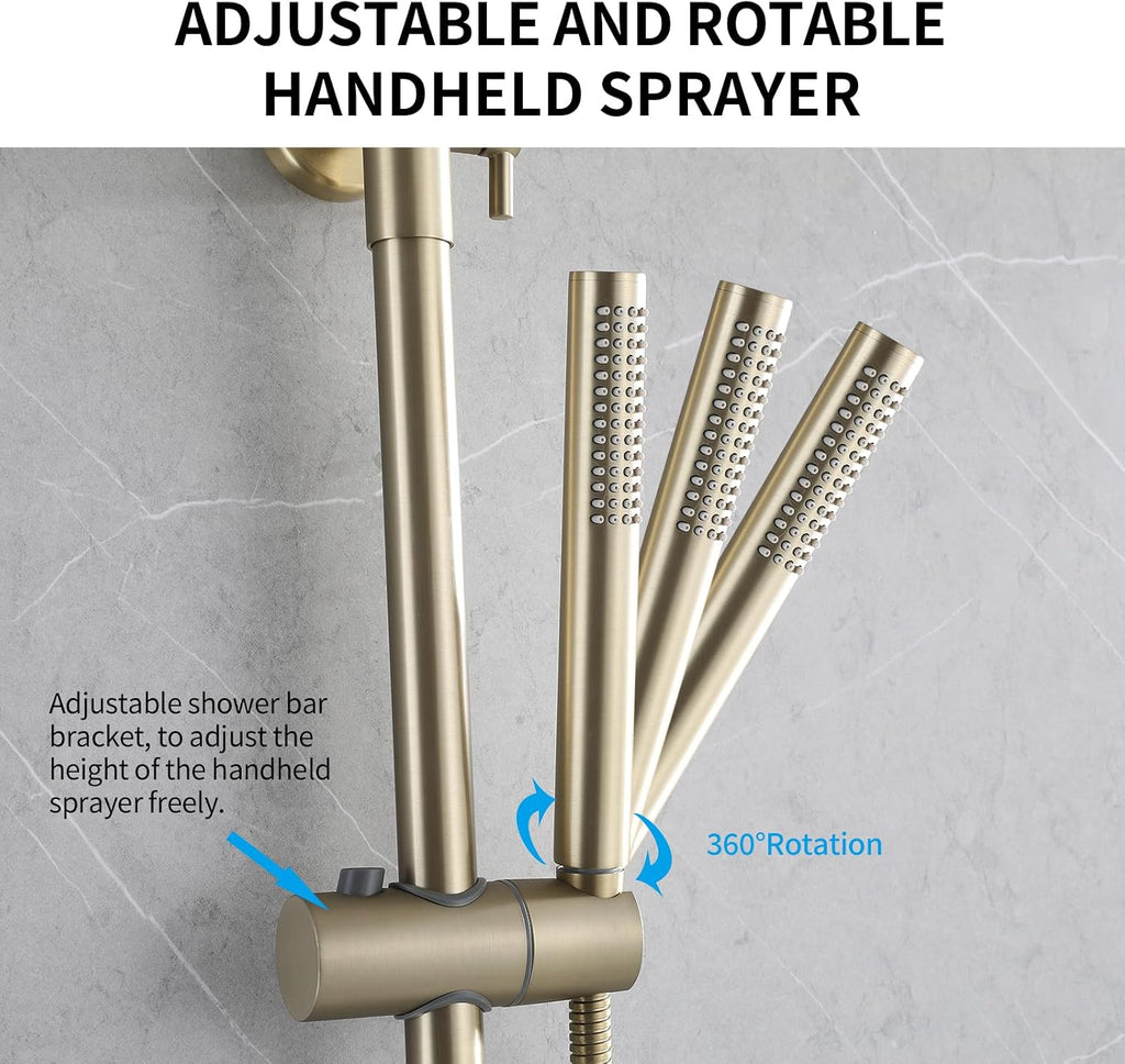 Brushed Gold Exposed Shower Syem with Handheld, 3 Functions Bathtub Shower Faucet Sets with Brass Valve, Shower Fixture with 10-Inch Rainfall Shower Head, Height Adjustable Shower Set