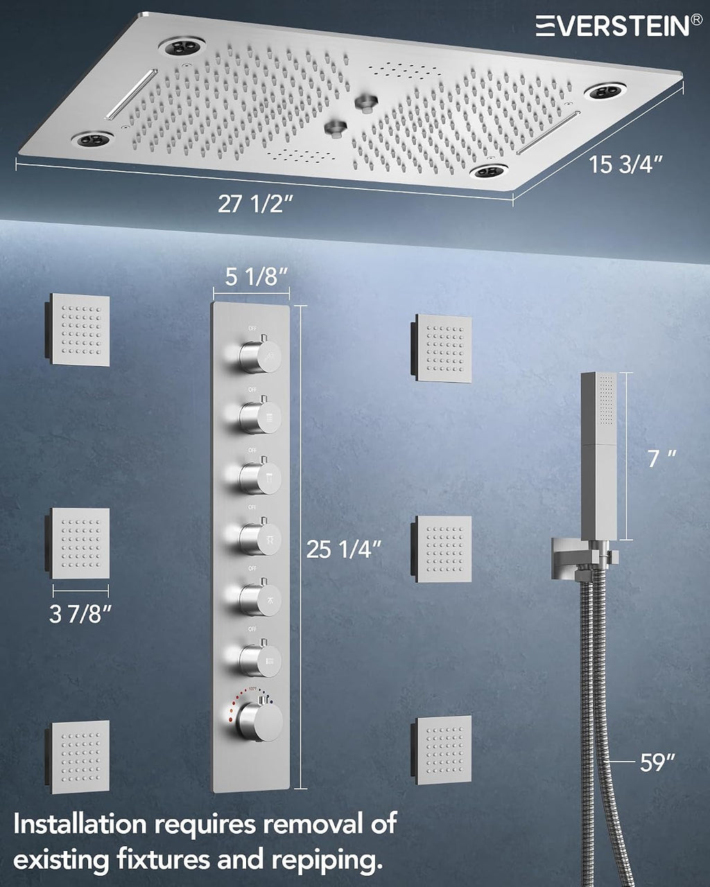 Thermostatic 64-Color LED Shower System, 28' x 16' Bathroom Waterfall Shower Set Ceiling-Mount Rainfall Shower Head Faucet with 6 Body Jets(Brushed Nickel)