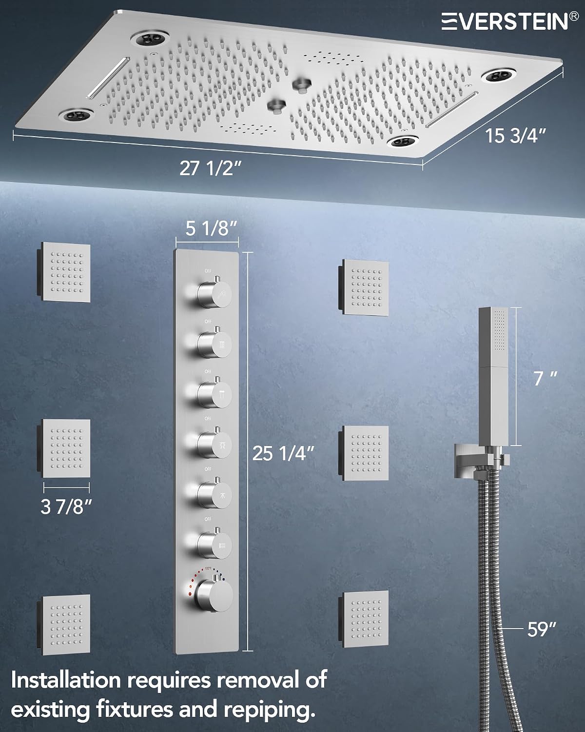 Thermostatic 64-Color LED Shower System, 28' x 16' Bathroom Waterfall Shower Set Ceiling-Mount Rainfall Shower Head Faucet with 6 Body Jets(Brushed Nickel)