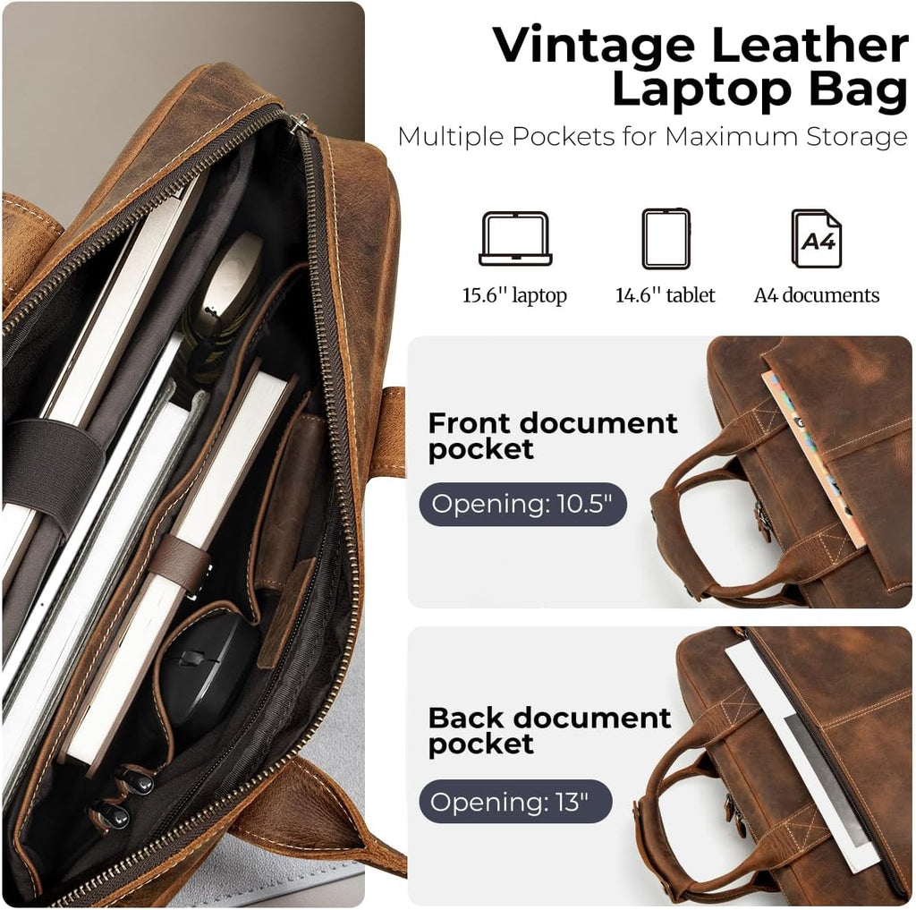 Augus Vintage Leather Briefcase for Men 15.6 Inch Laptop Computer Bag Retro Messenger Crossbody Shoulder Bag | Vintage Leather