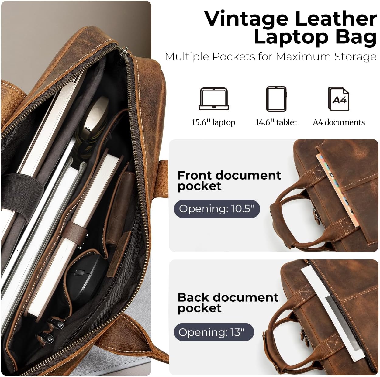 Augus Vintage Leather Briefcase for Men 15.6 Inch Laptop Computer Bag Retro Messenger Crossbody Shoulder Bag | Vintage Leather