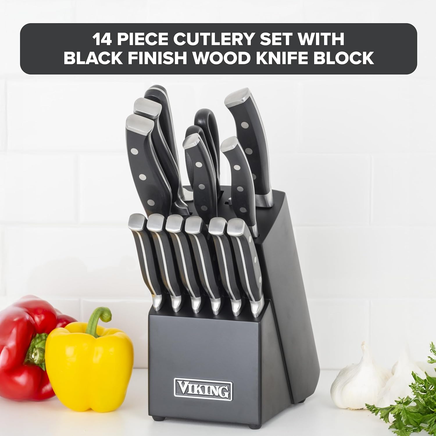 Viking 14 Piece Kitchen Knife Set with Black Block, Cutlery Set with Stainless Steel Blades and Ergonomic Handles, Dishwasher Safe
