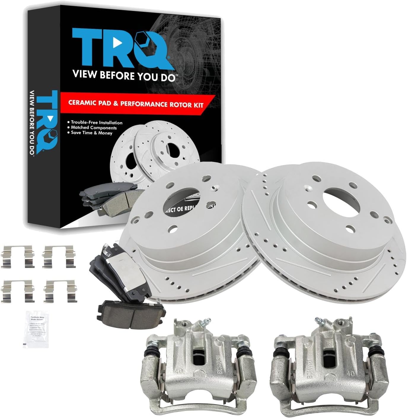 TRQ Performance Rear Brake Pad and Rotor Set Ceramic Vented Coated Rotors Calipers Compatible with 2010-2017 Chevrolet Equinox GMC Terrain
