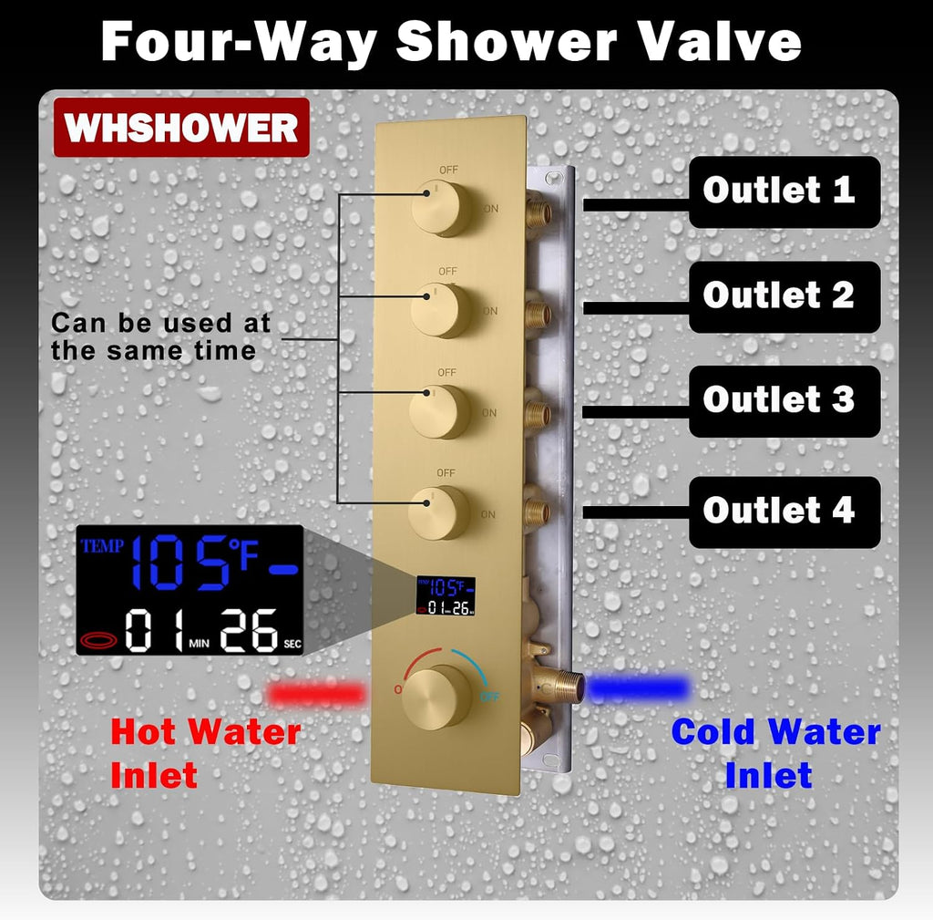 Brushed Gold Dual Shower Heads Shower System with 12'& 8' Shower Heads Full Body Digital Display Shower Set With Handheld Shower and Waterfall Tub Spout