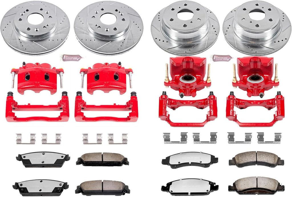PowerStop Front and Rear Brake & Caliper Kit for Cadillac Escalade 2008-14 |Escalade ESV 2008-14 - Drilled & Slotted Disc Rotors + Z36 Brake Pads + Red-Powder Coated Calipers, KC2070-36