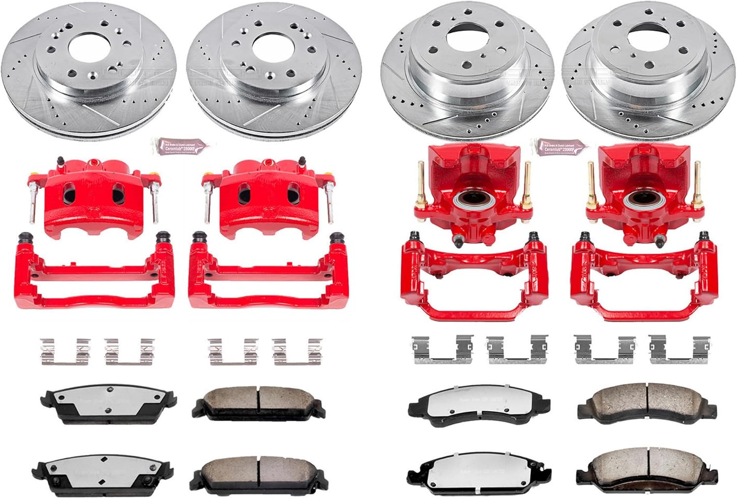 PowerStop Front and Rear Brake & Caliper Kit for Cadillac Escalade 2008-14 |Escalade ESV 2008-14 - Drilled & Slotted Disc Rotors + Z36 Brake Pads + Red-Powder Coated Calipers, KC2070-36