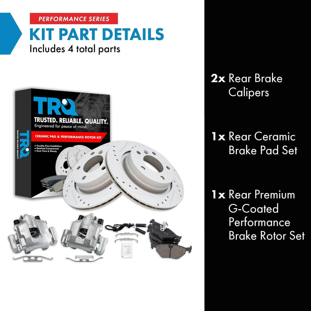 TRQ Performance Rear Brake Pad and Rotor Set Ceramic Drilled Slotted Coated Rotors Calipers Compatible with 2000 BMW 323Ci 323i 2001-2003 325Ci 325i