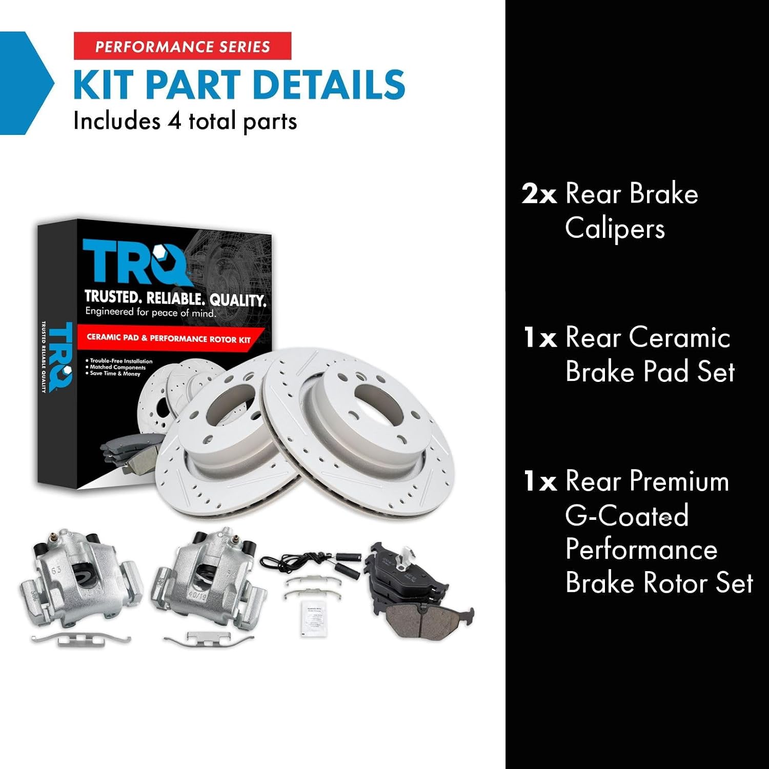 TRQ Performance Rear Brake Pad and Rotor Set Ceramic Drilled Slotted Coated Rotors Calipers Compatible with 2000 BMW 323Ci 323i 2001-2003 325Ci 325i