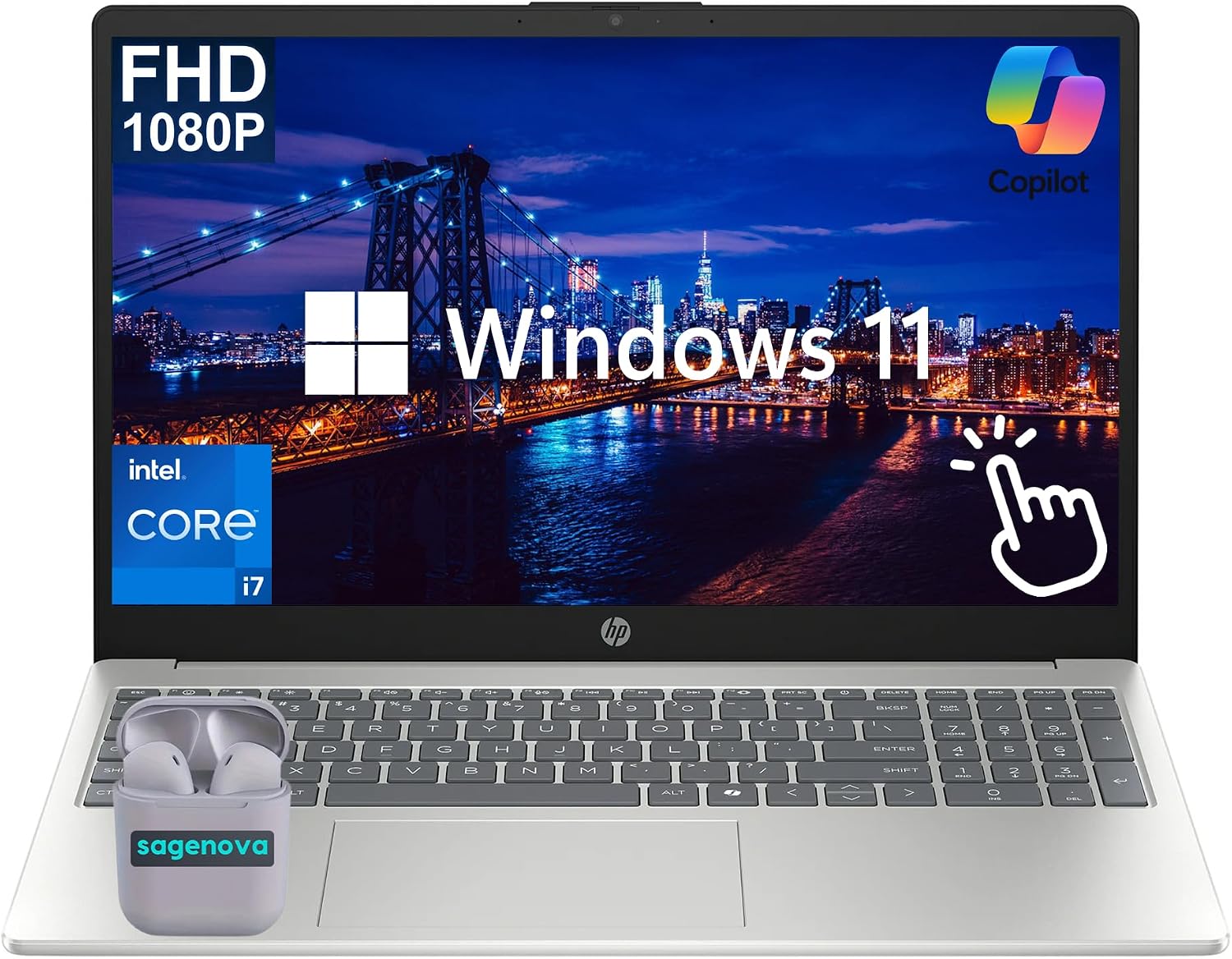 HP Touchscreen 15.6' FHD Business Laptop Computer, Intel Core i7-1355U 10-Core Processor, Windows 11 Home, 40GB RAM 2TB SSD, Numeric Keypad, SageNova Earphones, Natural Silver