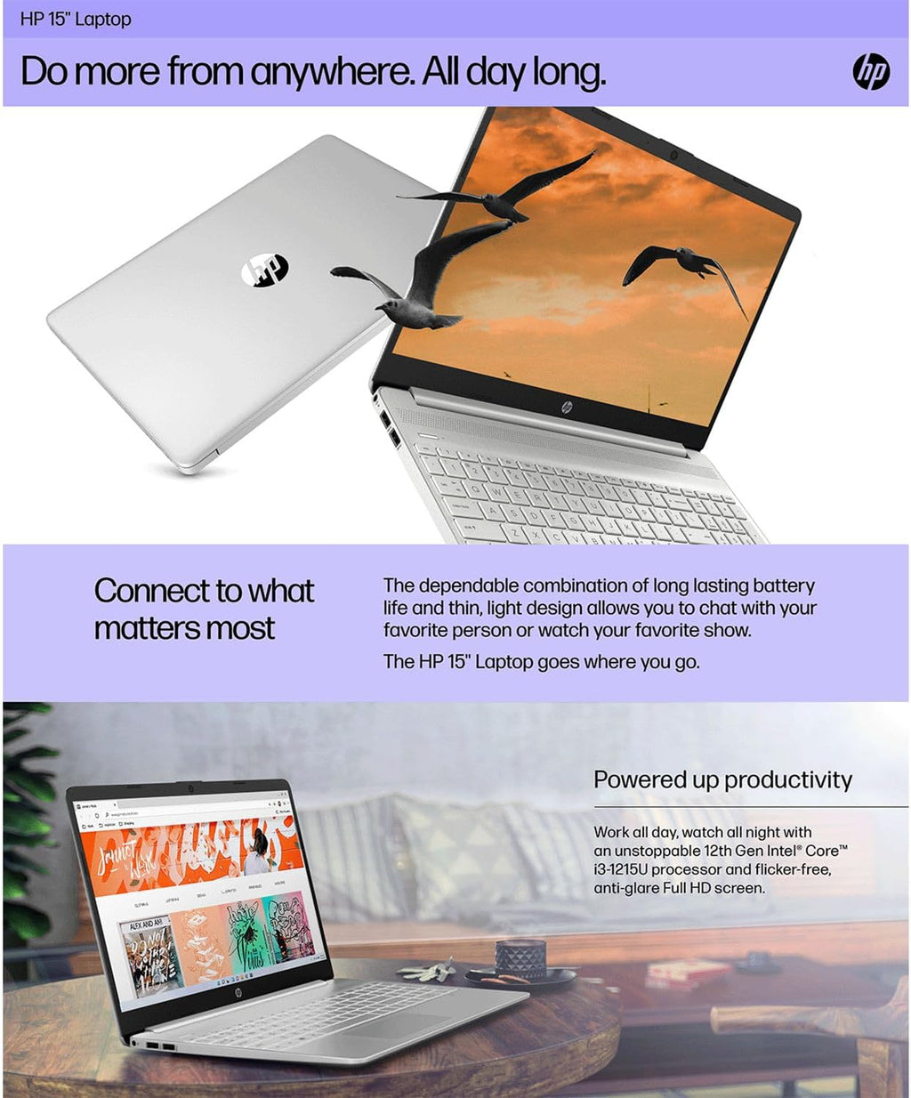 HP 15.6' HD Laptop • Intel 4-Core Processor • 128GB PCIe SSD • Intel Integrated • Fast Charge • 7.5H Battery • SD Card Reader • Wi-Fi 6 • Win 11 • for Multitasking Work & Study