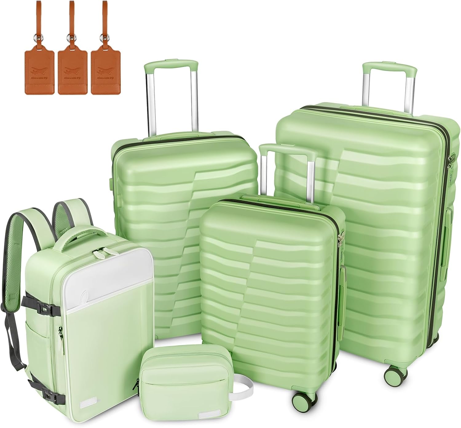 WireHot 5-Piece Lightweight Luggage with Backpack Sets, ABS+PC Hard Shell Suitcase with TSA Lock & YKK Zipper (Avocado Green, 20in/24in/28in/BP/TB)