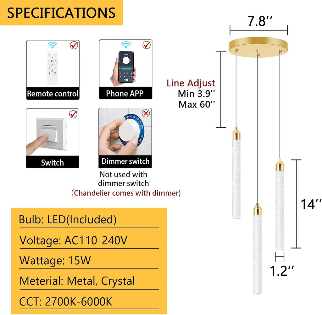 Pendant Lights Kitchen Island Mini Chandelier Gold Pendant Light Crystal Light fixtures Adjustable Hanging Ceiling Hanging Lights Bubble Mini Crystal Ceiling Light for Dining Room Bedroom 2700K 6000K