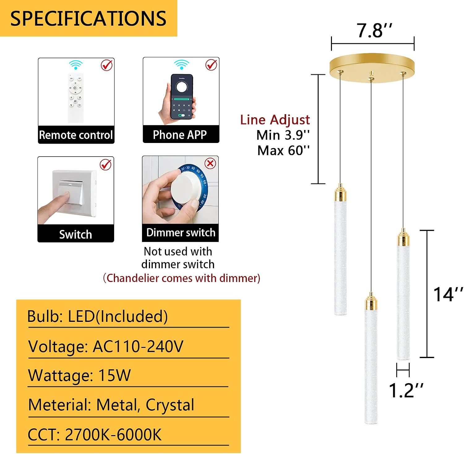 Pendant Lights Kitchen Island Mini Chandelier Gold Pendant Light Crystal Light fixtures Adjustable Hanging Ceiling Hanging Lights Bubble Mini Crystal Ceiling Light for Dining Room Bedroom 2700K 6000K