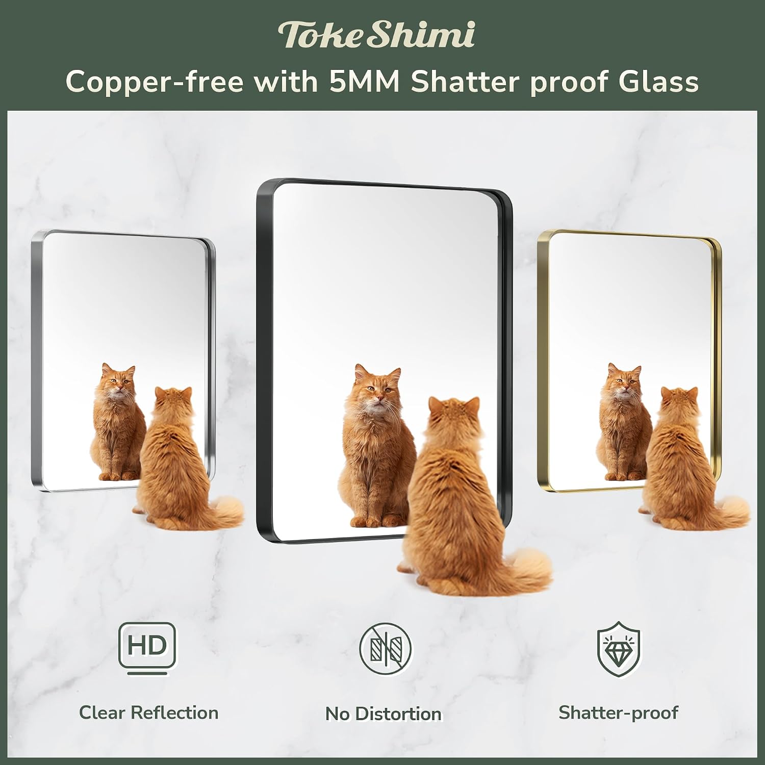 TokeShimi 28x36 Inch Gold Bathroom Mirror for Wall Metal Rounded Corner Rectangle Mirror Metal Frame Deep Set Design Hangs Horizontal Or Vertical
