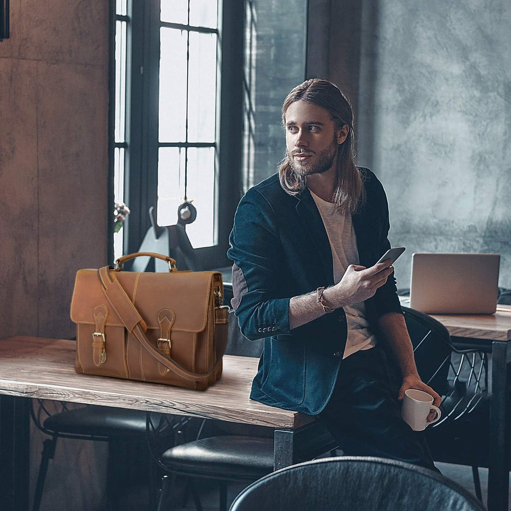 Polare 16' Full Grain Leather Messenger Bag Laptop Briefcase Bag Professional Work Bag For Men with YKK Zippers