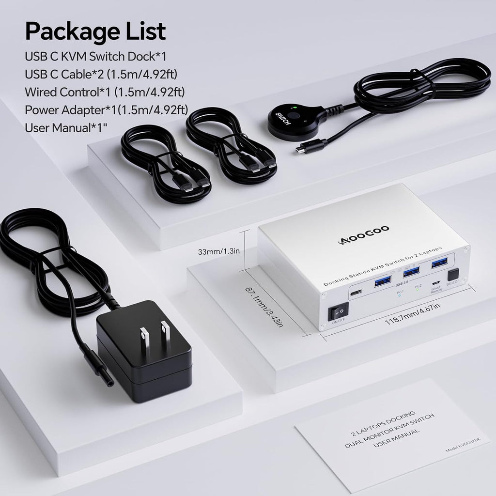 USB C KVM Switch 2 Monitors 2 Laptops,4K @60Hz MST Dual Monitor KVM Switch for 2 Computer, 100W PD and 1G Ethernet,Wired Remote Control and USB C Cables,Silver 11 cm