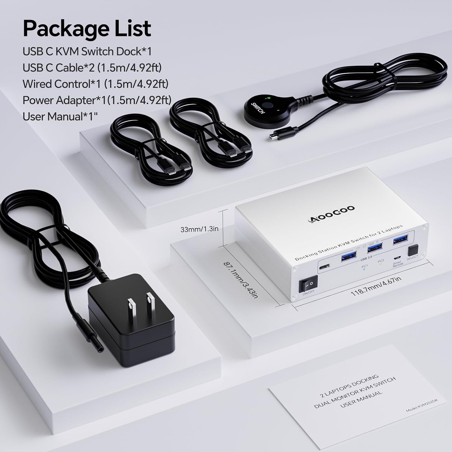 USB C KVM Switch 2 Monitors 2 Laptops,4K @60Hz MST Dual Monitor KVM Switch for 2 Computer, 100W PD and 1G Ethernet,Wired Remote Control and USB C Cables,Silver 11 cm