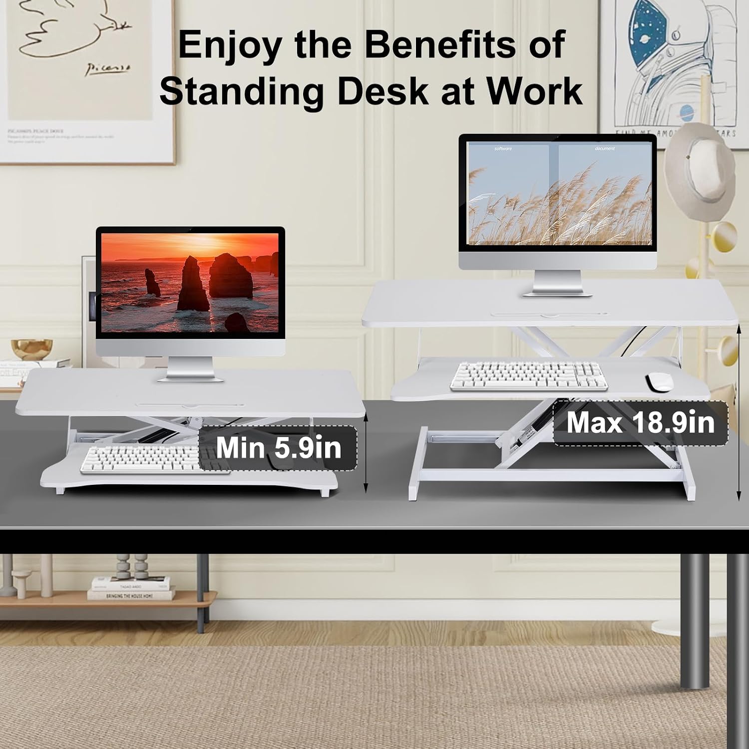 38-inch Standing Desk Converter Height Adjustable Sit to Stand Up Workstation, Duals Monitor and Laptop Riser with Wide Keyboard Tray, for Home, School, Company, White