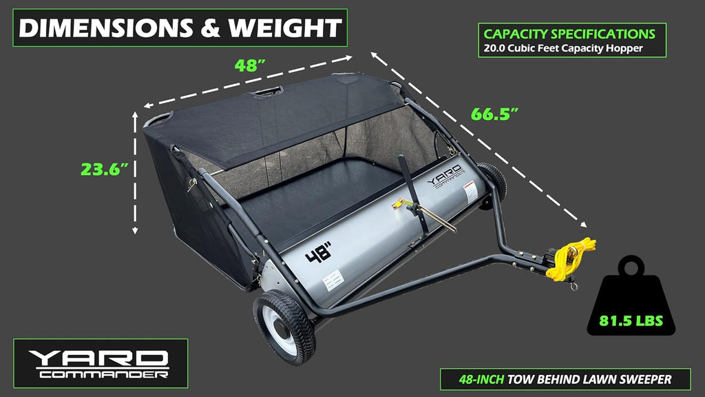 Yard Commander - 48-Inch Tow-Behind Lawn Sweeper, 10' Nylon Brushes, Universal Tractor/ATV Hitch, Never-Flat Wheels, Adjustable Height, 1-Year Warranty, Ideal for Leaves, Grass & Debris