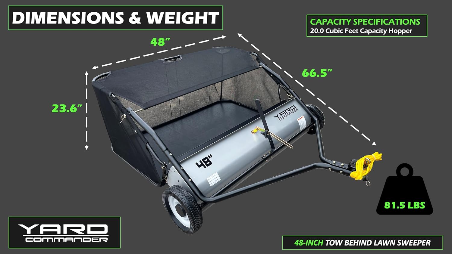 Yard Commander - 48-Inch Tow-Behind Lawn Sweeper, 10' Nylon Brushes, Universal Tractor/ATV Hitch, Never-Flat Wheels, Adjustable Height, 1-Year Warranty, Ideal for Leaves, Grass & Debris