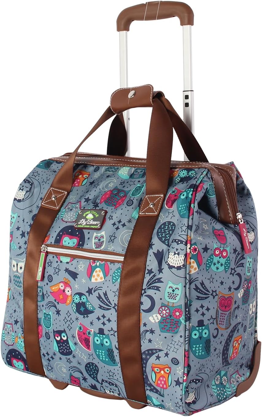 Lily Bloom Designer Under the Seat Tote Cabin Luggage Collection - 15 Inch Patterned Carry on Bag For Women - Lightweight Suitcase with 2 Rolling Wheels (Night Owl)