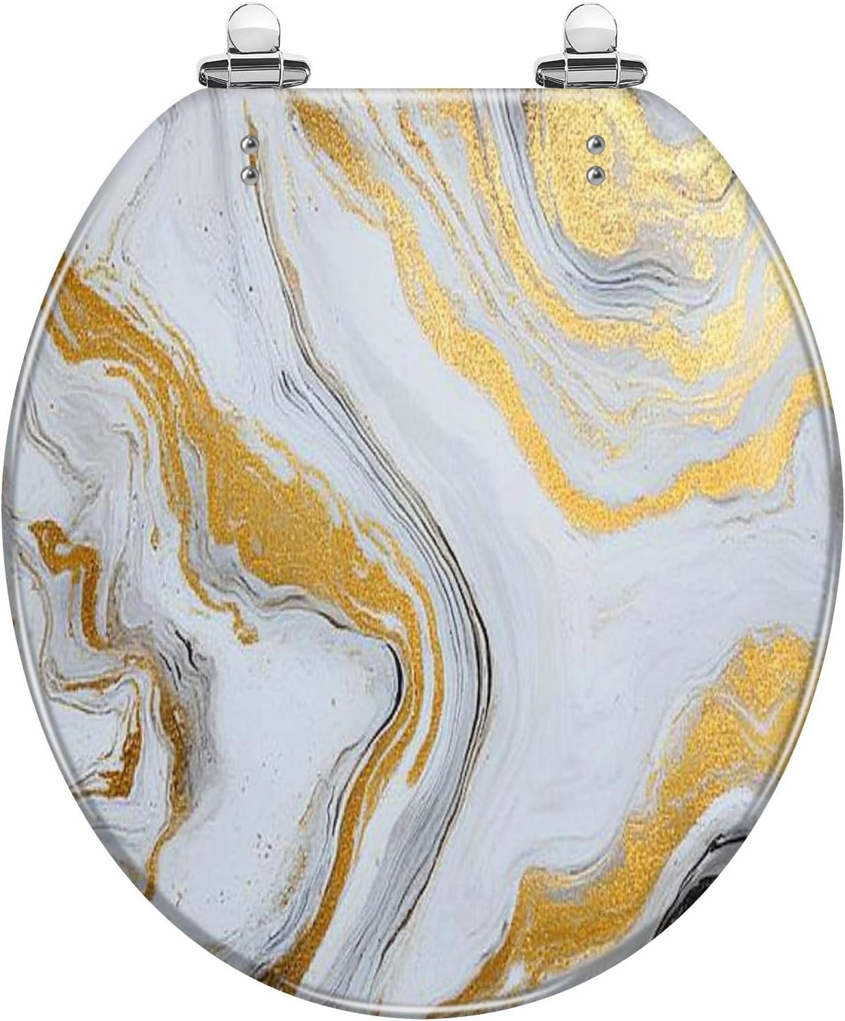 Round Toilet Seat marble ink paper texture white silver gold Resin Colored Toilet Seat Quick Release Hinges with Cover Easy to Install Decorative for Bathroom