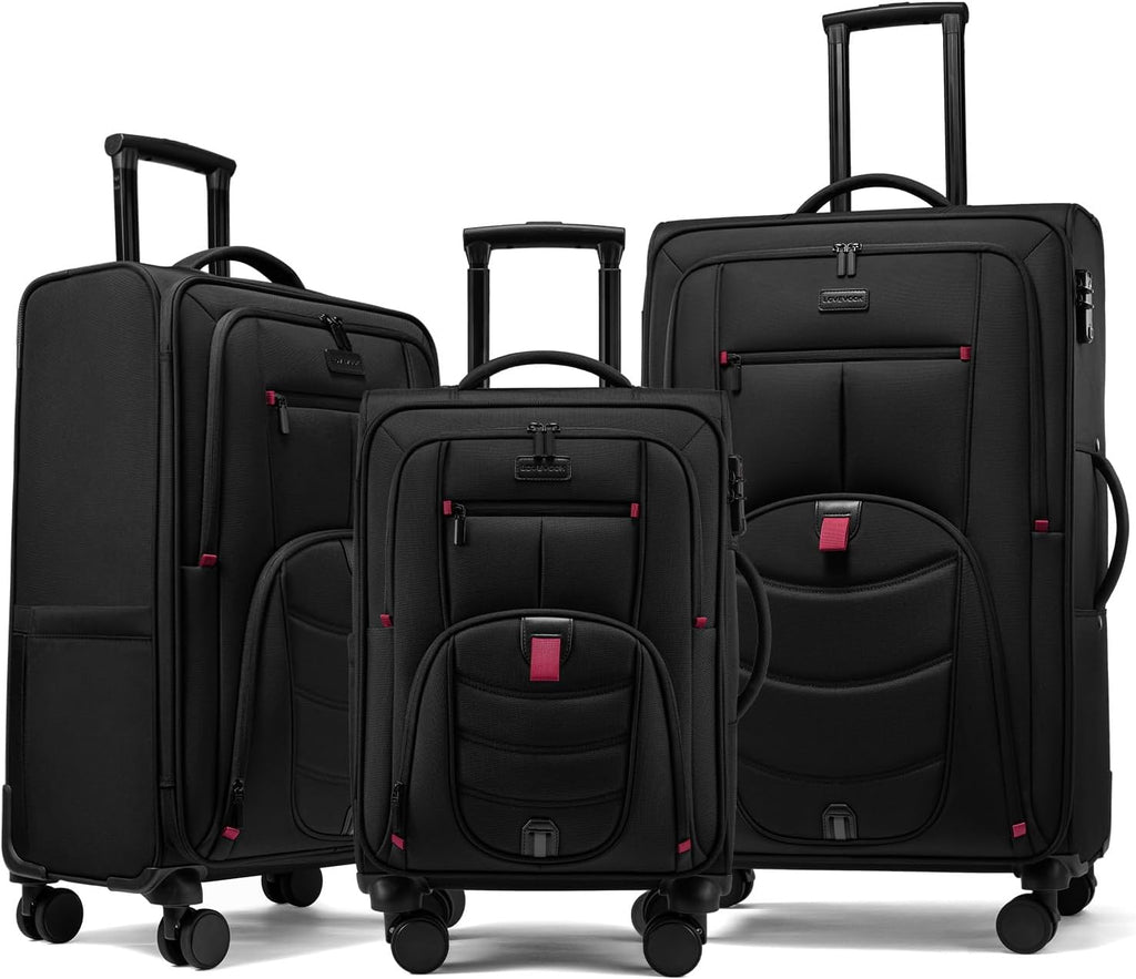 LOVEVOOK 3-Piece Set(22/24/28) Softside Luggage Suitcase with 15.6 Inch Laptop Compartment, Suitcase with Spinner Wheels, Large Capacity Luggage with TSA Lock for Business &Family Trip Travel, Black