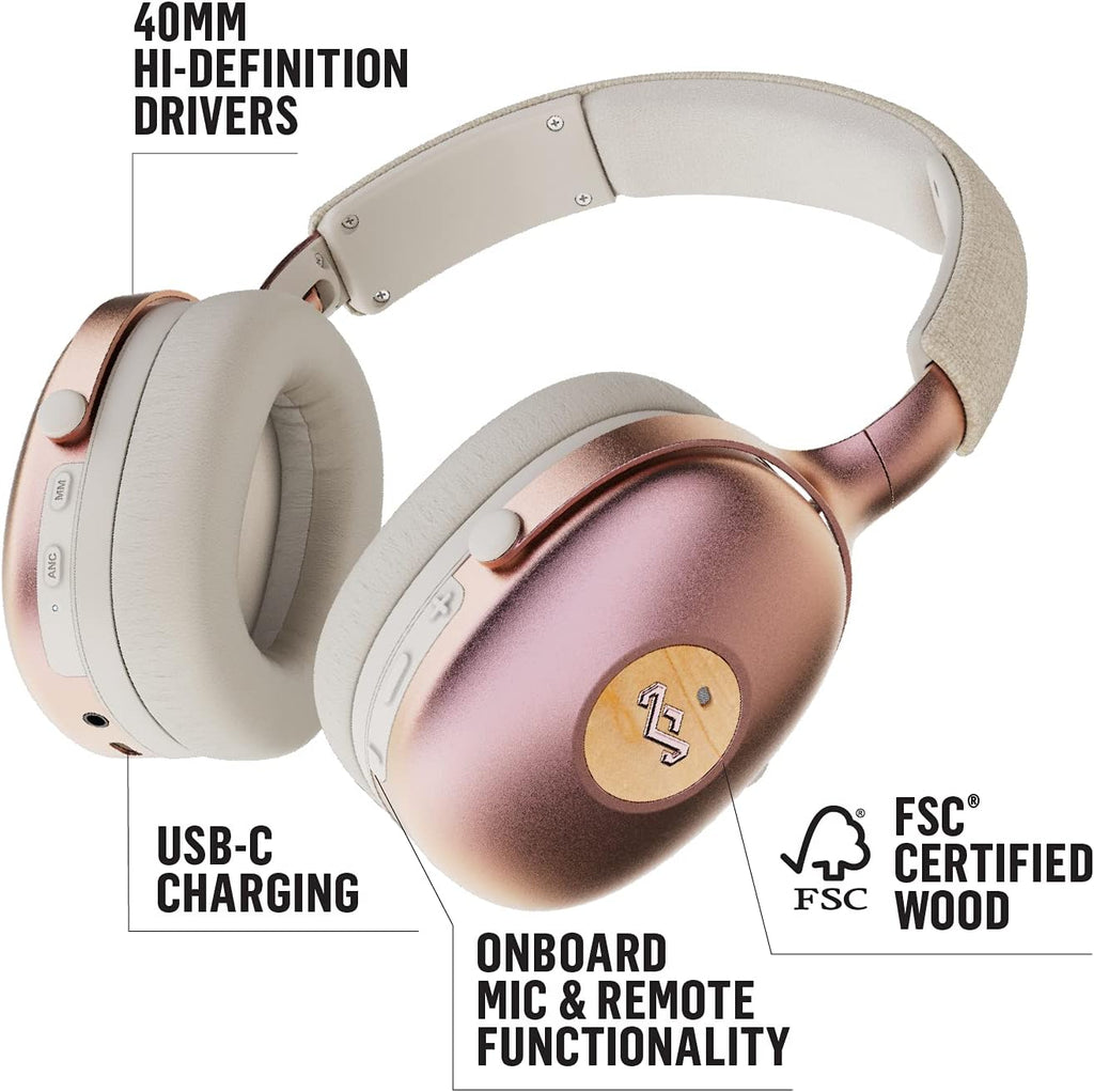 House of Marley Positive Vibration XL ANC: Noise Cancelling Over-Ear Headphones with Microphone, Wireless Bluetooth Connectivity, and 26 Hours of Playtime, Copper