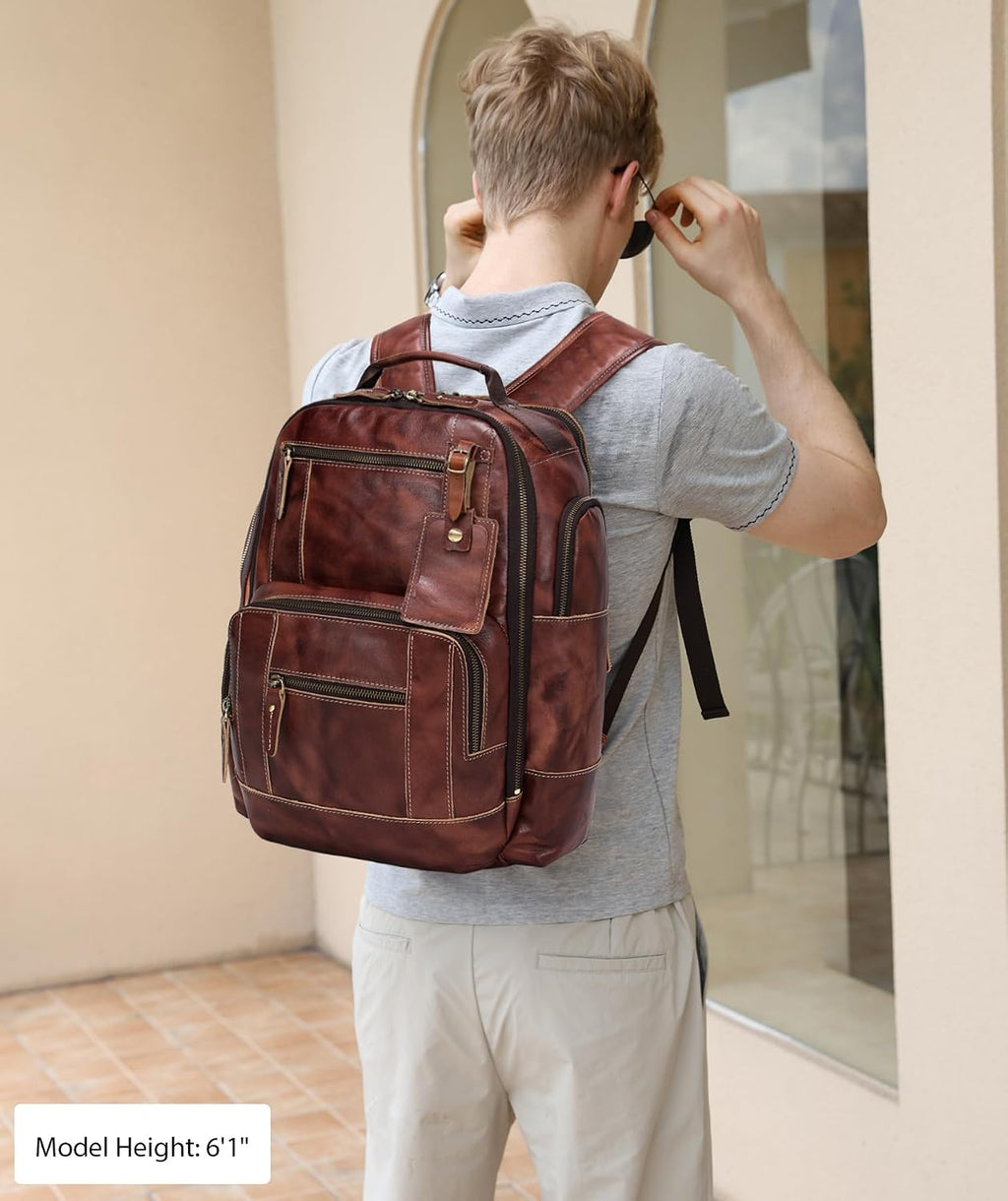 LANNSYNE Full Grain Leather Backpack For Men, Fits 16' Laptop, Coffee