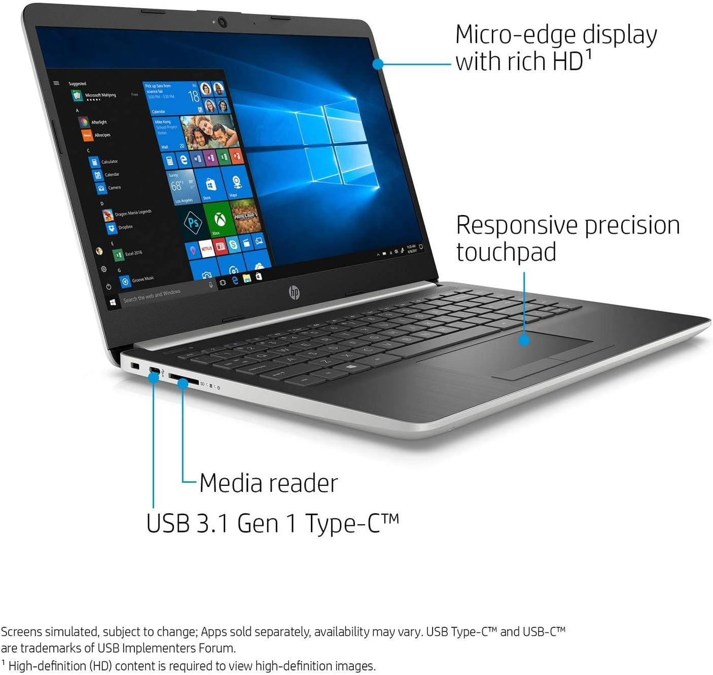 HP 14-DK000 Laptop, 14' 1366 x 768 Touchscreen, AMD Ryzen 3 3200U 2-Core, 64GB DDR4, 4TB SSD, Windows 11 Home, Wi-Fi 5, Bluetooth 4.2, 720p HD Camera, Natural Silver