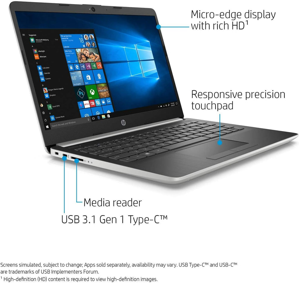 HP 14-DK000 Laptop, 14' 1366 x 768 Touchscreen, AMD Ryzen 3 3200U 2-Core, 64GB DDR4, 4TB SSD, Windows 11 Pro, Wi-Fi 5, Bluetooth 4.2, 720p HD Camera, Natural Silver