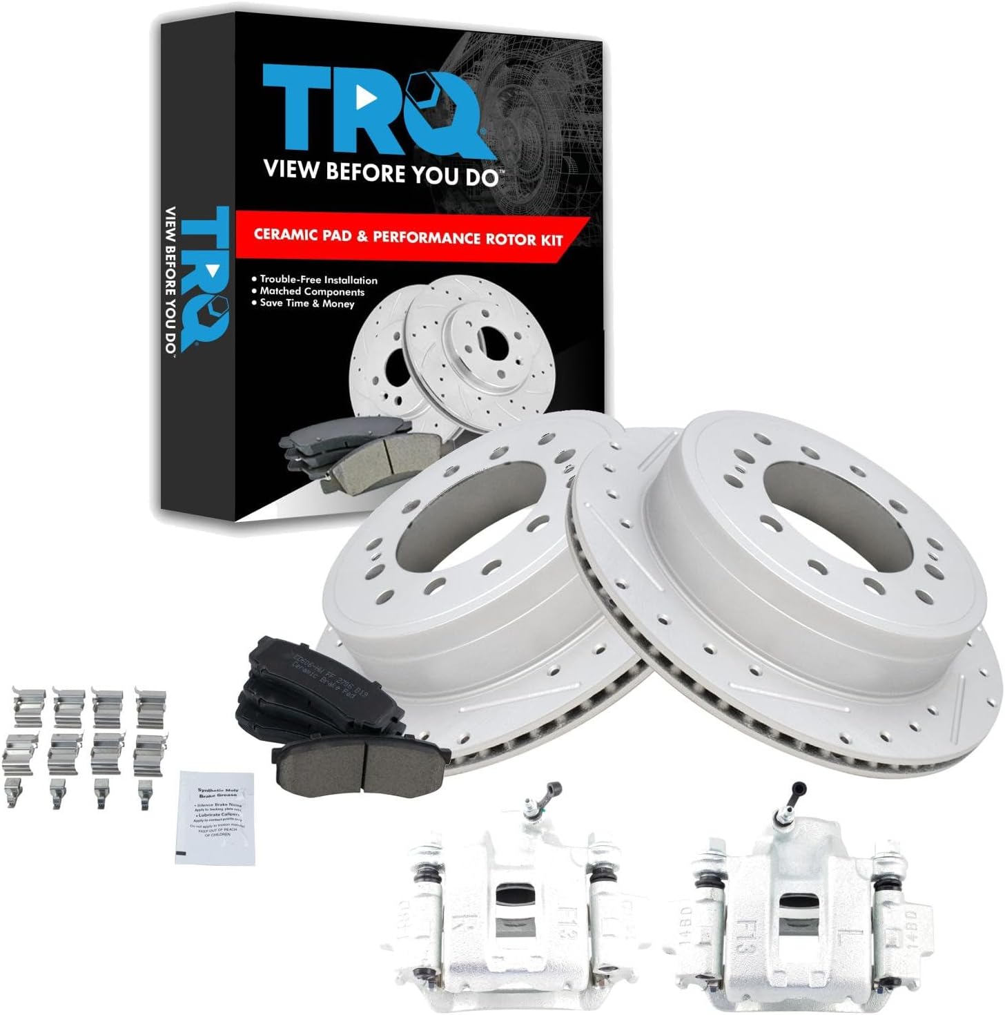 TRQ Performance Rear Brake Pad and Rotor Set Ceramic Vented Coated Slotted Drilled Rotors Calipers Compatible with 2010-2014 Toyota FJ Cruiser