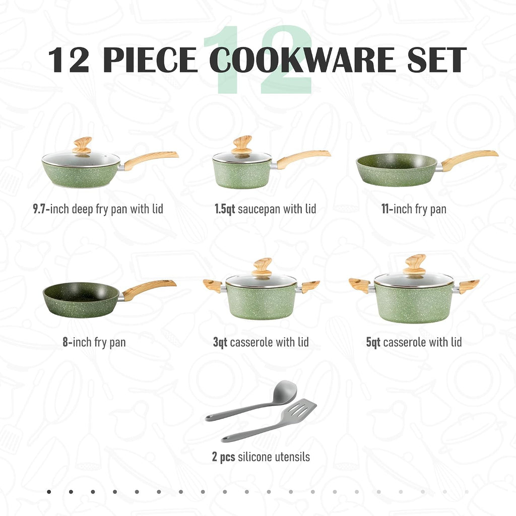 MAISON ARTS Pots and Pans Set Non Stick, 12 Pcs Kitchen Cookware Sets | Induction Compatible, Granite Nonstick Pans Set for Cooking, 100% PFOA & PFAS Free Non Toxic