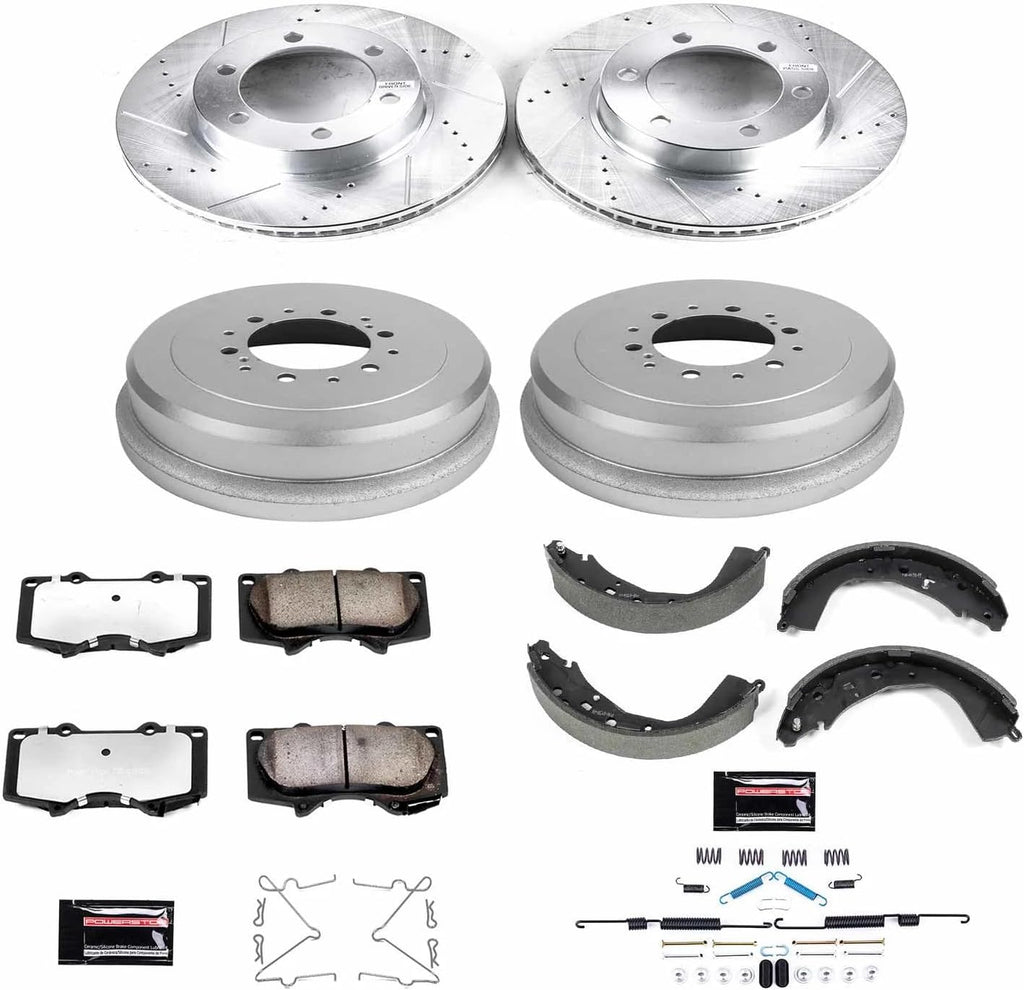 PowerStop Front & Rear Brake Kit + Drums For Toyota Tundra 2003-06 - Truck & Tow Carbon Fiber Ceramic Brake Pads + Drilled & Slotted Rotors Upgrade, K15214DK-36