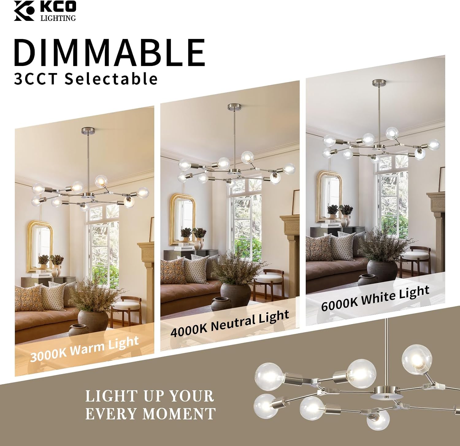 KCO Lighting Sputnik Chandelier 9-Light Sand Nickel Semi Flush Mount Ceiling Light Adjustable Modern Silver Sputnik Pendant Lighting Vintage Ceiling Light Fixture for Kitchen Dining Room